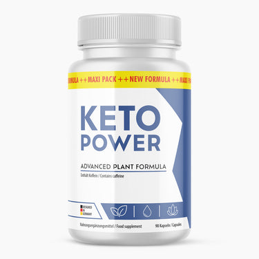 Dose mit 90 Kapseln und blauer Aufschrift KETO POWER auf weißem Etikett mit Symbolen
